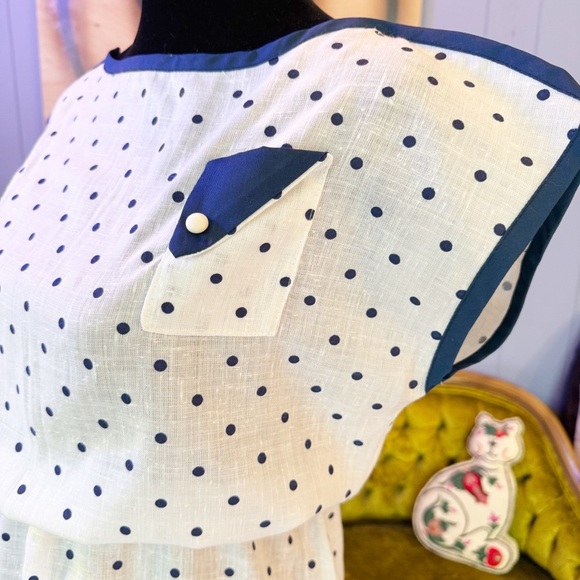 Vintage 80s The Dress Express Blue And White Polka Dot Rayon Blend Dress - Picture 3 of 9